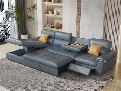 Gray Reclining Sectional Sofa With Yellow Pillows And Center Tray Table 3d model