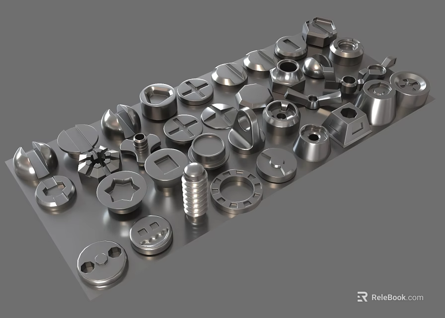 Metal Hardware Tools Including Screws Nuts Washers Neatly Arranged On Gray Surface 3d model