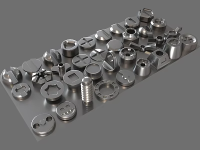 Metal Hardware Tools Including Screws Nuts Washers Neatly Arranged On Gray Surface 3d model