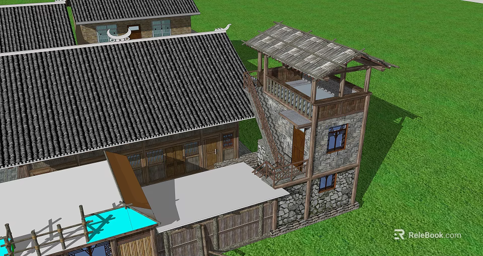 Traditional Village Architecture With Tiled Roof Wooden Structure And Stone Walls 3d model 