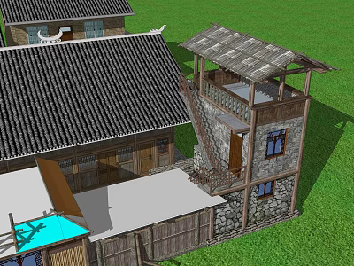 Traditional Village Architecture With Tiled Roof Wooden Structure And Stone Walls 3d model