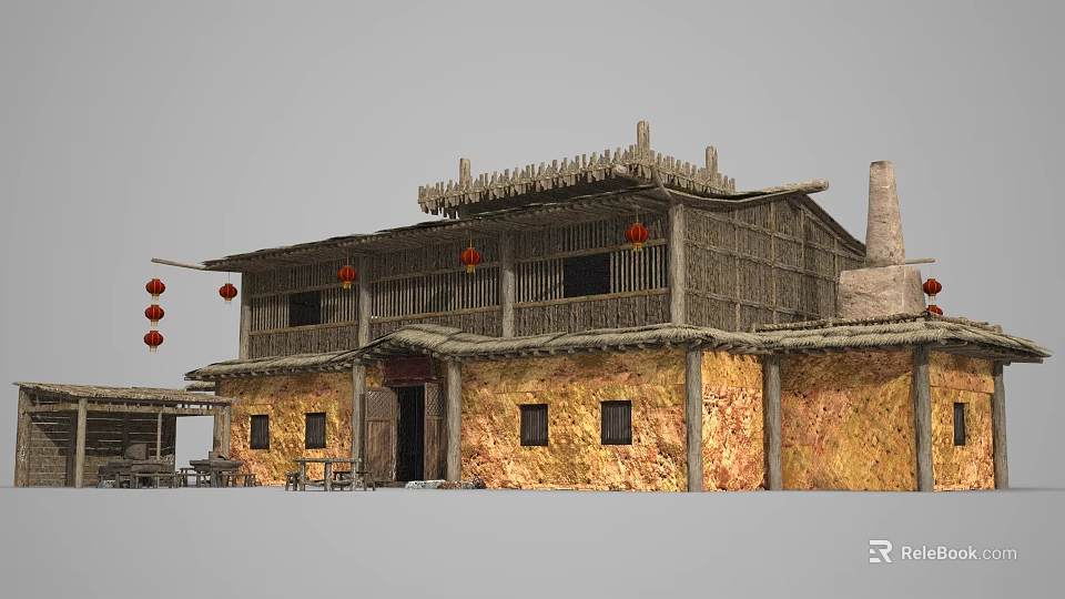 Traditional Ancient Chinese Building With Thatch Roof Wooden Structure Red Lanterns And Earthen Walls 3d model 