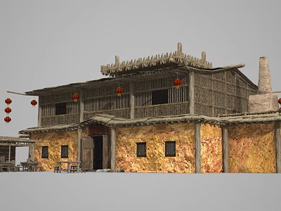 Traditional Ancient Chinese Building With Thatch Roof Wooden Structure Red Lanterns And Earthen Walls 3d model