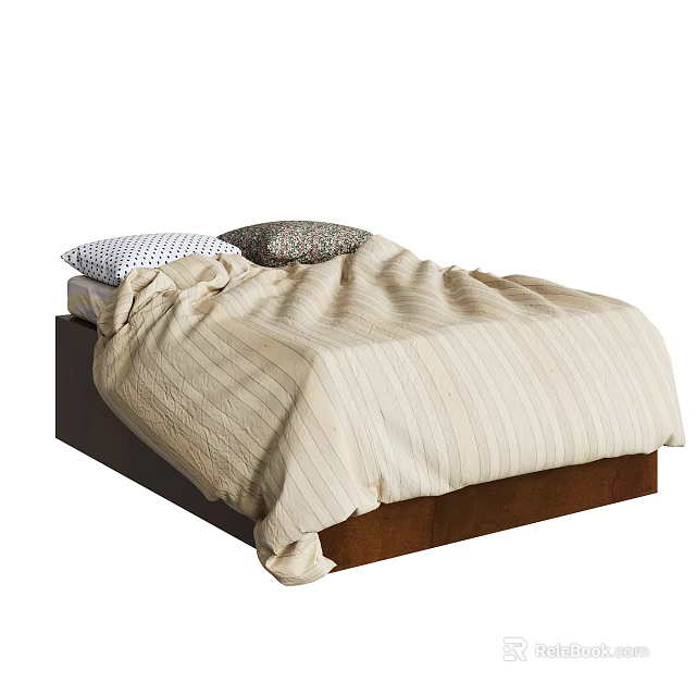 Double Bed with Dark Wooden Frame Beige Striped Duvet and Two Pillows 3d model 