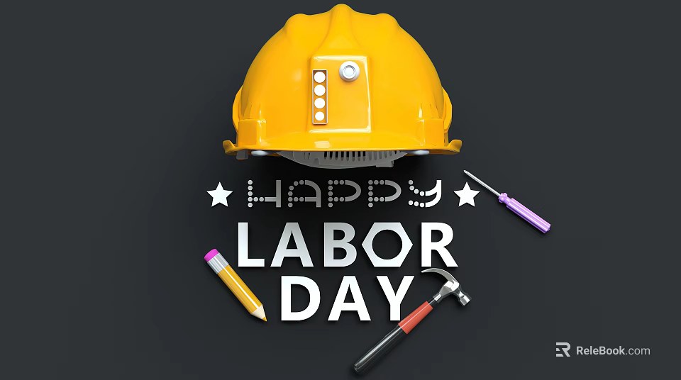 Happy Labor Day Celebration With Yellow Hard Hat And Construction Tools 3d model 