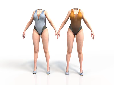 Two Gray And Brown Gradient One Piece Swimsuits On Mannequins With High Heels 3d model