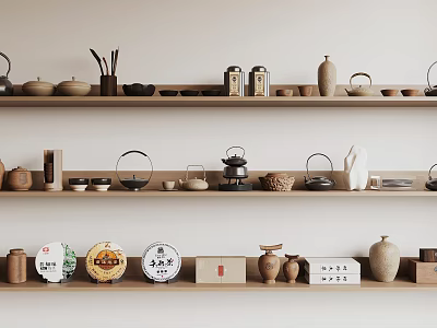Elegant Tea Sets Display on Wooden Shelves with Teapots Teacups Vases and Tea Cakes 3d model