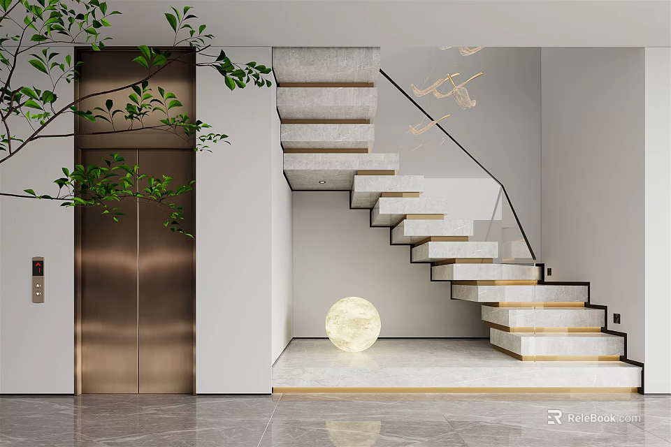 Modern Luxury Interior With Staircase Elevator Green Plants And Round Lamp 3d model 