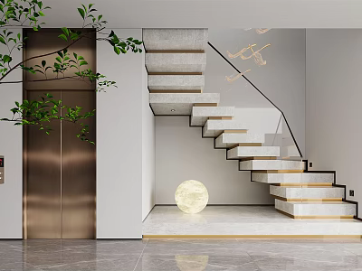 Modern Luxury Interior With Staircase Elevator Green Plants And Round Lamp 3d model