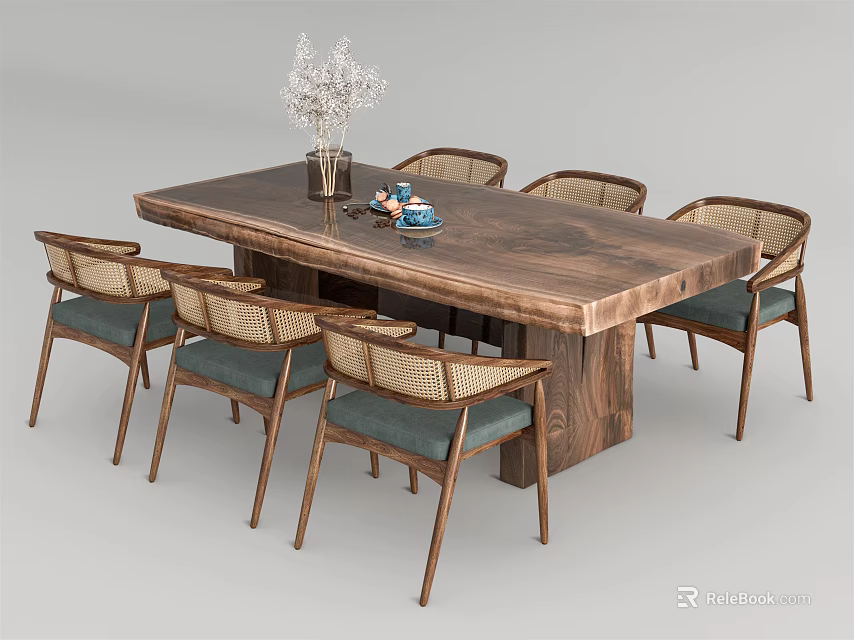 Wooden Dining Table Set With Woven Back Chairs Blue Cushions Vase And White Flowers 3d model 