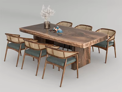 Wooden Dining Table Set With Woven Back Chairs Blue Cushions Vase And White Flowers 3d model