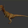 Dilophosaurus Dinosaur Character with Orange Red Frill and Brown Yellow Body Standing on Grey Background