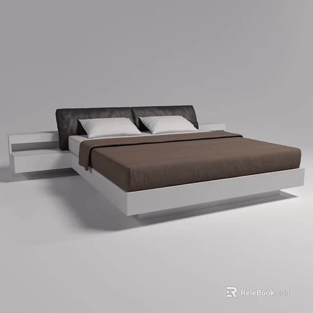 Modern Double Bed With Dark Headboard White Frame And Brown Bedding 3d model 