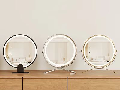 Round Lighted Mirrors With Black Silver Gold Bases On Wooden Surface 3d model