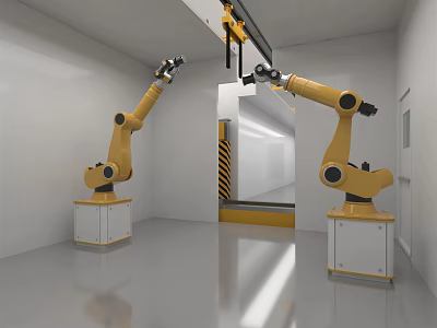 Two Yellow Robotic Arms Operating In Clean Modern Industrial Indoor Workspace 3d model