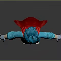 Game Movie Character With Blue Hair Blue Jumpsuit Red Cape And White Shoes