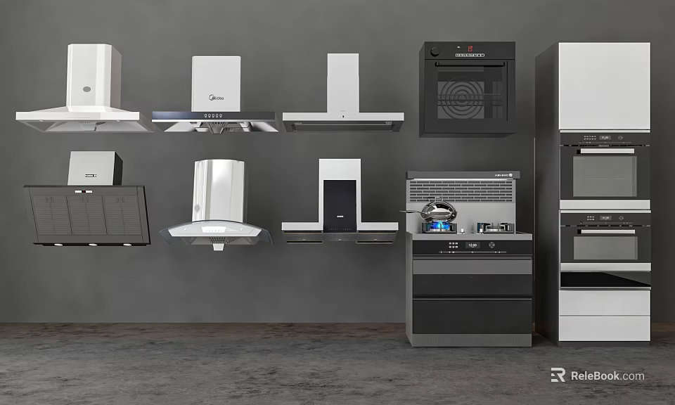 Modern Kitchen Appliances Showcase With Range Hoods Ovens Microwaves And Cooktops 3d model 