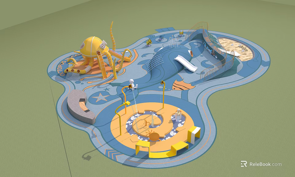 Children's Outdoor Play Equipment With Octopus Shaped Structure Slide Climbing Elements And Circular Area 3d model 