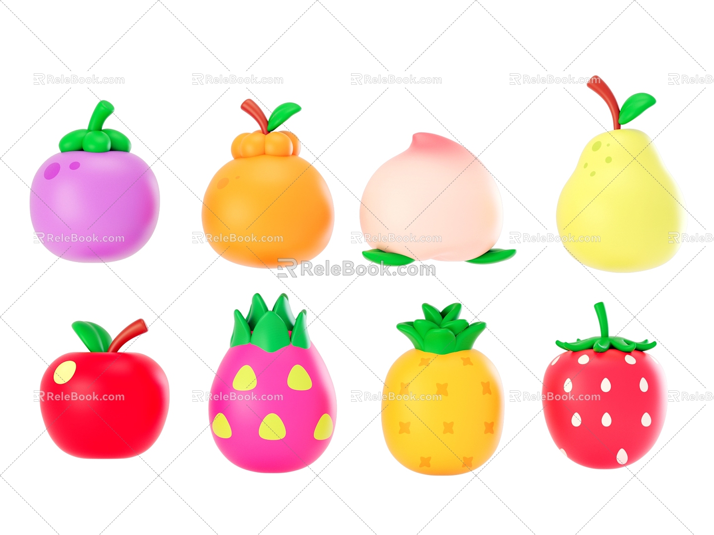 Cartoon fruit peach apple pear apple strawberry mangosteen pineapple dragon fruit 3d model