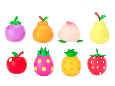 Colorful Cartoon Fruit Toys Including Apple Strawberry Pineapple Peach And Pear Shapes 3d model