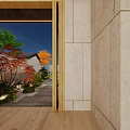 Japanese Garden Landscape With Stone Path Red Maple Tree Green Plants and Wooden Elements
