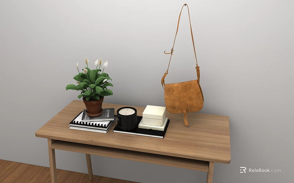 Decorative Ornament Set With Wooden Table Green Plant Black Cup Books And Brown Leather Bag 3d model 