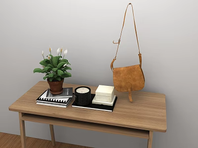 Decorative Ornament Set With Wooden Table Green Plant Black Cup Books And Brown Leather Bag 3d model
