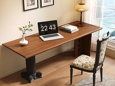 Wooden Writing Desk Setup with Laptop Vase Lamp Books and Patterned Chair 3d model