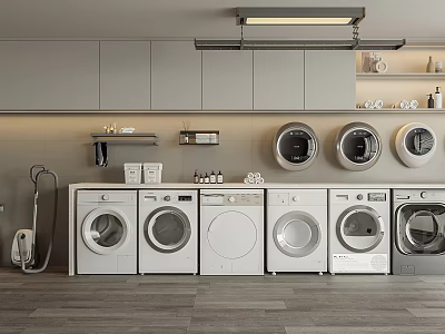 Modern Laundry Room With Multiple White Washing Machines And Wall Cabinets 3d model