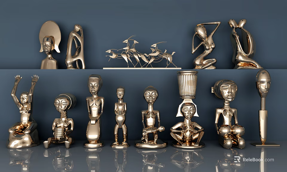 Golden Decorative Figurine Set With Human Animal Sculptures And Artistic Poses 3d model 