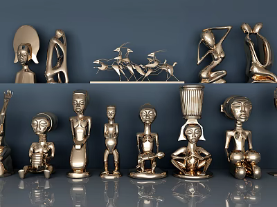 Golden Decorative Figurine Set With Human Animal Sculptures And Artistic Poses 3d model