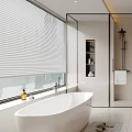 Modern Bathroom With Freestanding Bathtub Glass Shower Enclosure Marble Countertop Wooden Cabinets Large Window Blinds