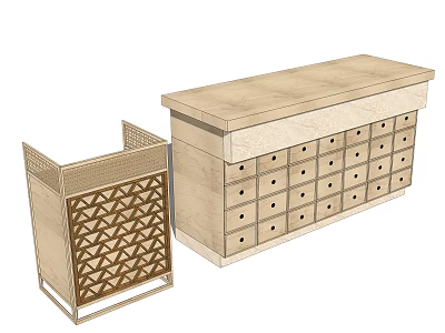 Wooden Reception Desk With Multiple Drawers And Decorative Geometric Side Cabinet 3d model
