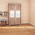 Classic Wooden Wardrobe Interior Design With Floral Pink Wallpaper Wooden Floor And Small Desk Chair