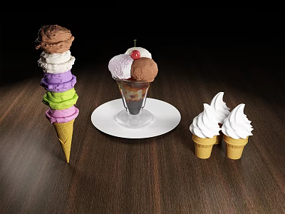 Colorful Stacked Ice Cream Cones Sundae with Cherry and Whipped Cream Desserts 3d model