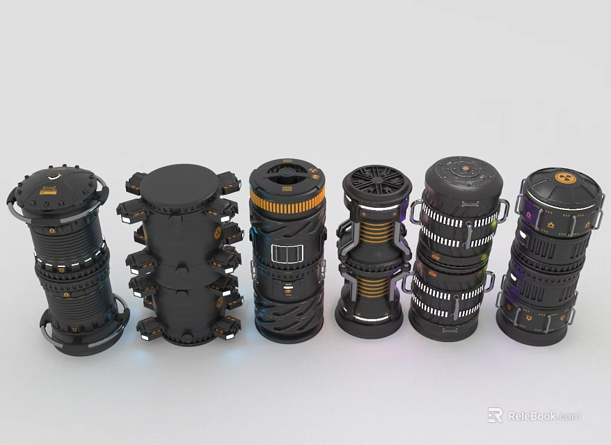 Six Black Cylindrical Mechanical Components With Different Structural And Decorative Features 3d model 
