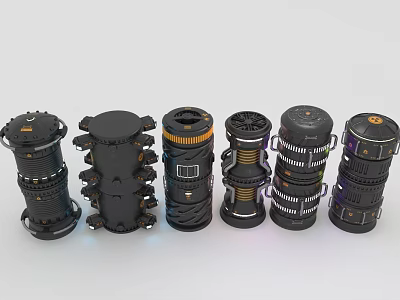 Six Black Cylindrical Mechanical Components With Different Structural And Decorative Features 3d model