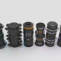Six Black Cylindrical Mechanical Components With Different Structural And Decorative Features