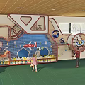 Kindergarten Indoor Play Area With Kids Playing On Climbing Net And Slide