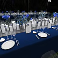 Wedding Table And Chair Setup With Navy Blue Tablecloth White Tableware And Blue Floral Decorations