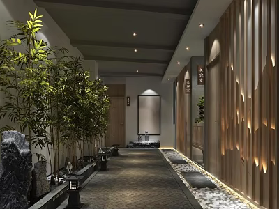 Modern Chinese Style Elevator Hallway With Wooden Walls Bamboo Plants Stone Decorations And Recessed Lighting 3d model