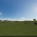 Picturesque Vast Green Grassland Landscape With Running Horses Traditional Yurts And Bright Sunny Blue Sky