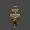 Ancient Sailing Ship with Wooden Hull and Decorative Carvings White Sails Featuring Emblem Design