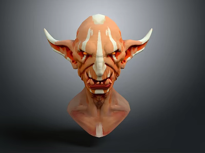 Fantasy Creature Head 3D Model With Sharp Ears Red Eyes And White Stripes 3d model