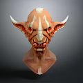 Fantasy Creature Head 3D Model With Sharp Ears Red Eyes And White Stripes