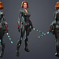 Red Haired Female Characters In Black Bodysuits With Gun And Glowing Staff Action Poses