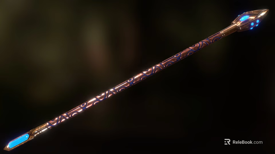 Ornate Carved Metallic Staff Weapon With Intricate Patterns And Golden Texture Details 3d model 