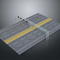 Detailed Road Model With Gray Pavement Yellow Dividing Lines Lane Lines And Traffic Light Truss