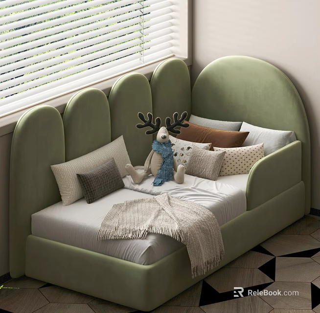 Green Wave Shaped Kids Bed With Plush Toy Pillows And Blanket In Bright Room 3d model 