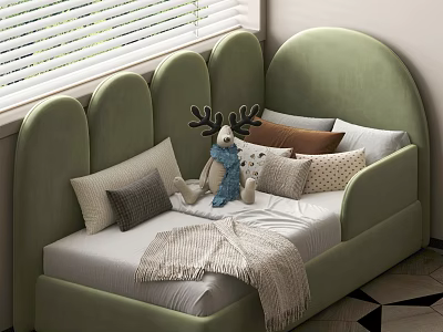 Green Wave Shaped Kids Bed With Plush Toy Pillows And Blanket In Bright Room 3d model